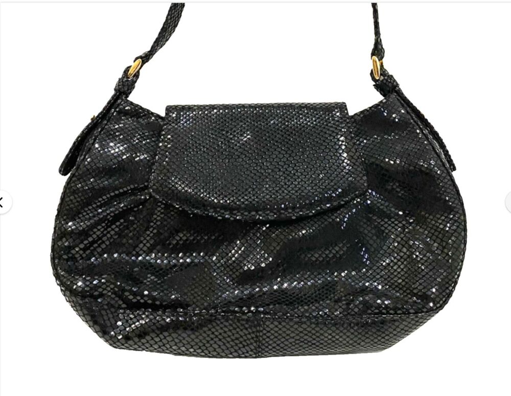 Vintage J Renee Y2K Glam Black Snakeskin Shoulder Bag Ruched Slouch Hobo Purse